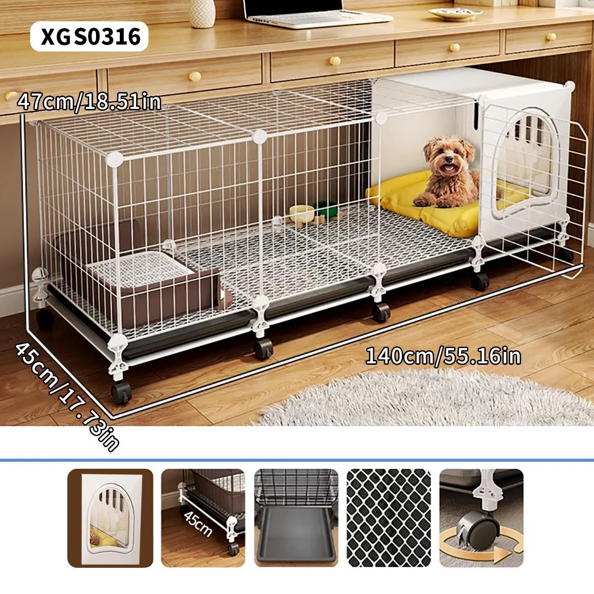 Dog Cage for Small and Medium-Sized Dogs, Indoor Household Use, Teddy Bichon Dog House with Tray, Integrated Toilet, Cat Cage, Dog Fence