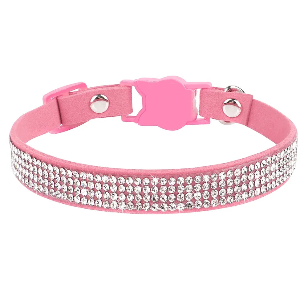 Soft Pink Suede Leather Cat Collar - Bling Rhinestone Design with Bell, Safety Breakaway & Adjustable XS/S for Cats & Puppies