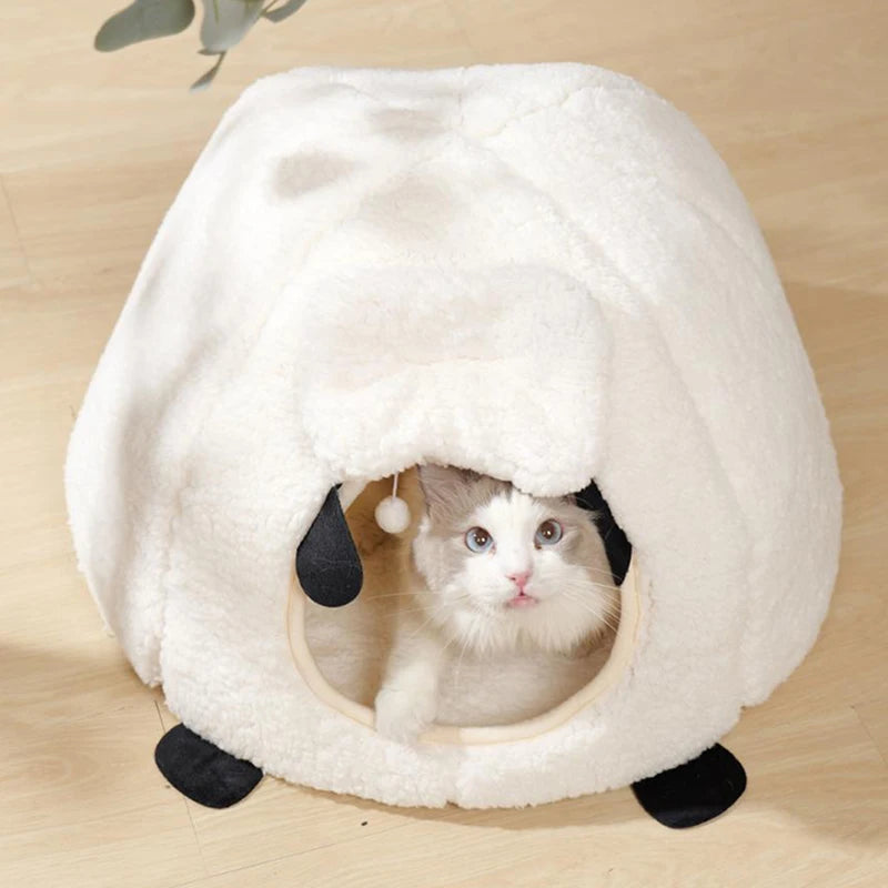 BOOTEELY Winter Warm Sheep Shape Cat Villa Semi-Closed Three-Dimensional Cat House Four Seasons Universal Cat Bed