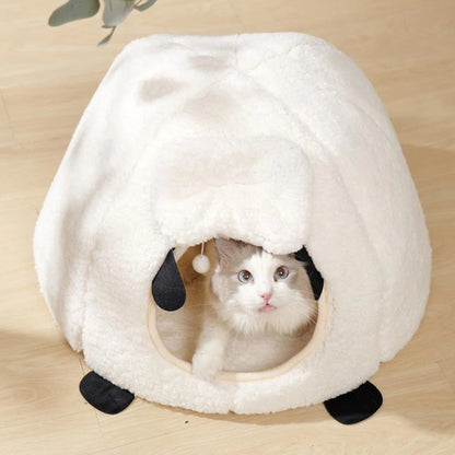 BOOTEELY Winter Warm Sheep Shape Cat Villa Semi-Closed Three-Dimensional Cat House Four Seasons Universal Cat Bed
