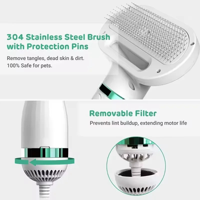 Pet grooming brush with 304 stainless steel bristles and removable filter on a white background.