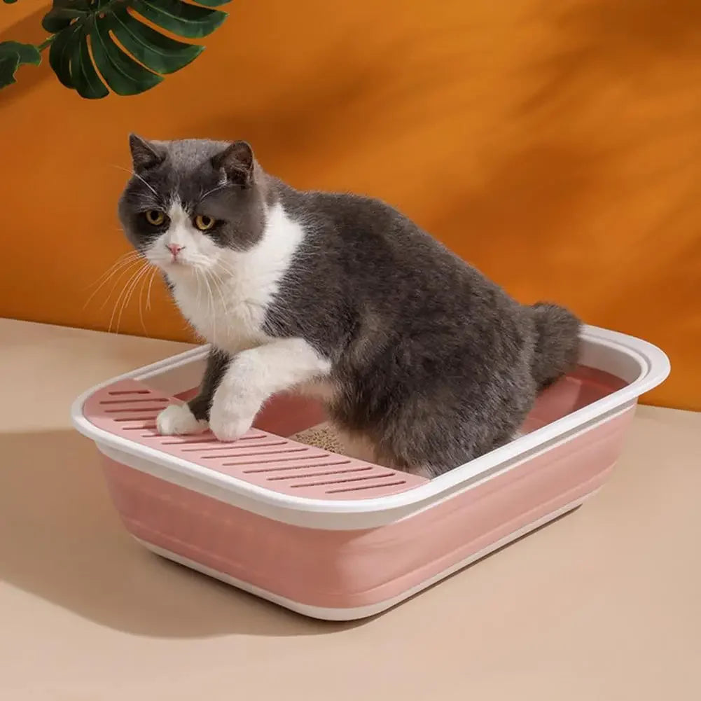 Portable Cat Bedpans Foldable Cat Toilet Large Capacity Semi-closed Pet Cat Litter Box Anti Splash Cat Tray Cleaning Bath Basin