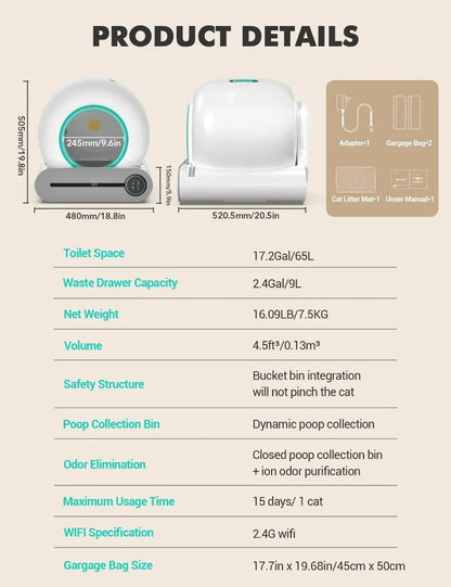 Smart Litter Box Automatic Self-Cleaning Cat Toilet - Electric Large-Sized Cat Sand Box with AI Remote Control