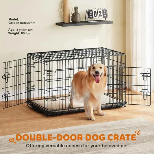 Yah 42in Double Door Dog Crate with Divider,Collapsible Metal Kennel with Removable Tray for Large Dogs Portable Travel,Black