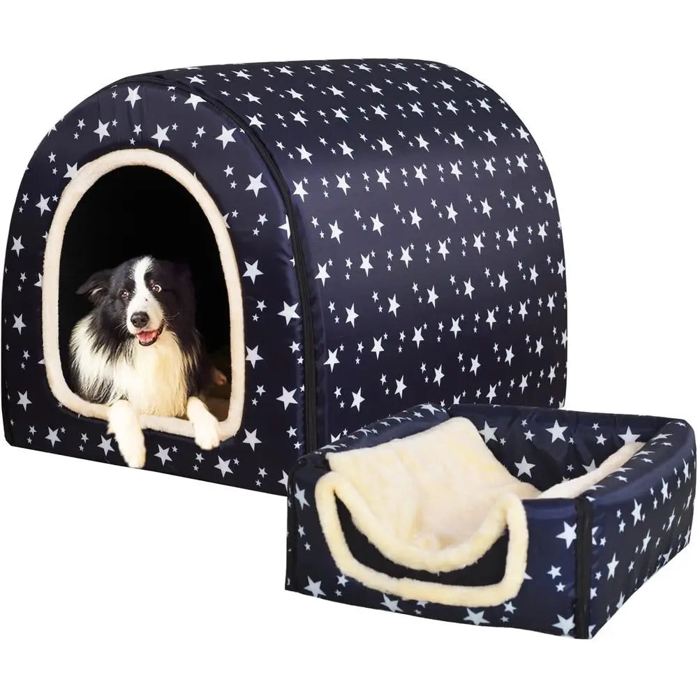 Dog Bed,2 Ways to Use,Indoor Pet House with Fluffy Mat,Removable and Washable Cover,Splash-Proof House and Non-Slip Bottom,for L