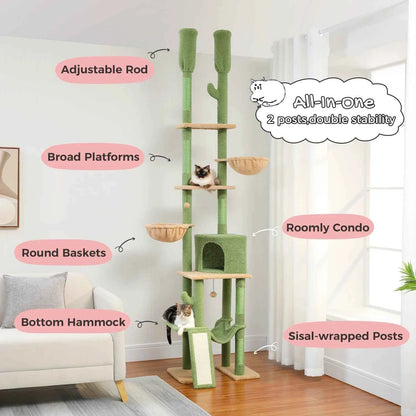Floor to Ceiling Cat Tree for Indoor, Adjustable Height Tall Cat Tower with Sisal Scratching Post, Cozy Condo Hammock, Cat Toys