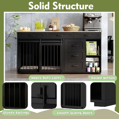 Wooden 72.4 Heavy-Duty Dog Crate Furniture with Storage Drawers and Shelves, Indoor Dog House TV Stand