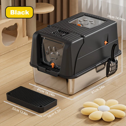 Extra Large Stainless Steel Cat Litter Box Convertible to Fully or Semi-Enclosed Detachable Flip Cover with Pedal &Scoop,for Cat