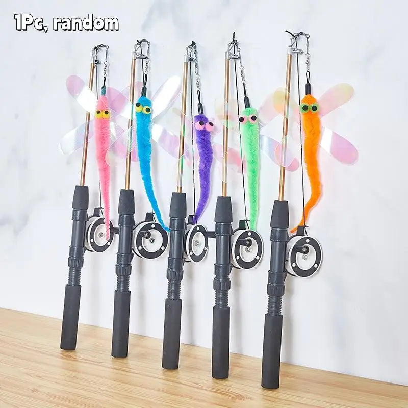 1Pc Telescopic Cat Fishing Rod Toy with Fish & Feathers, Interactive Funny Teaser Wand for Kitten Play