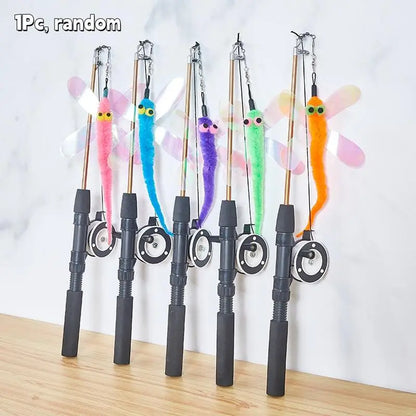 1Pc Telescopic Cat Fishing Rod Toy with Fish & Feathers, Interactive Funny Teaser Wand for Kitten Play
