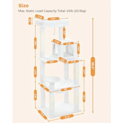 56.3" Cactus Cat Tree with Metal Hammock, 6 Tiers, 6-tier shelves, Metal plush hammock, 2-door condo house, Sisal posts, Large