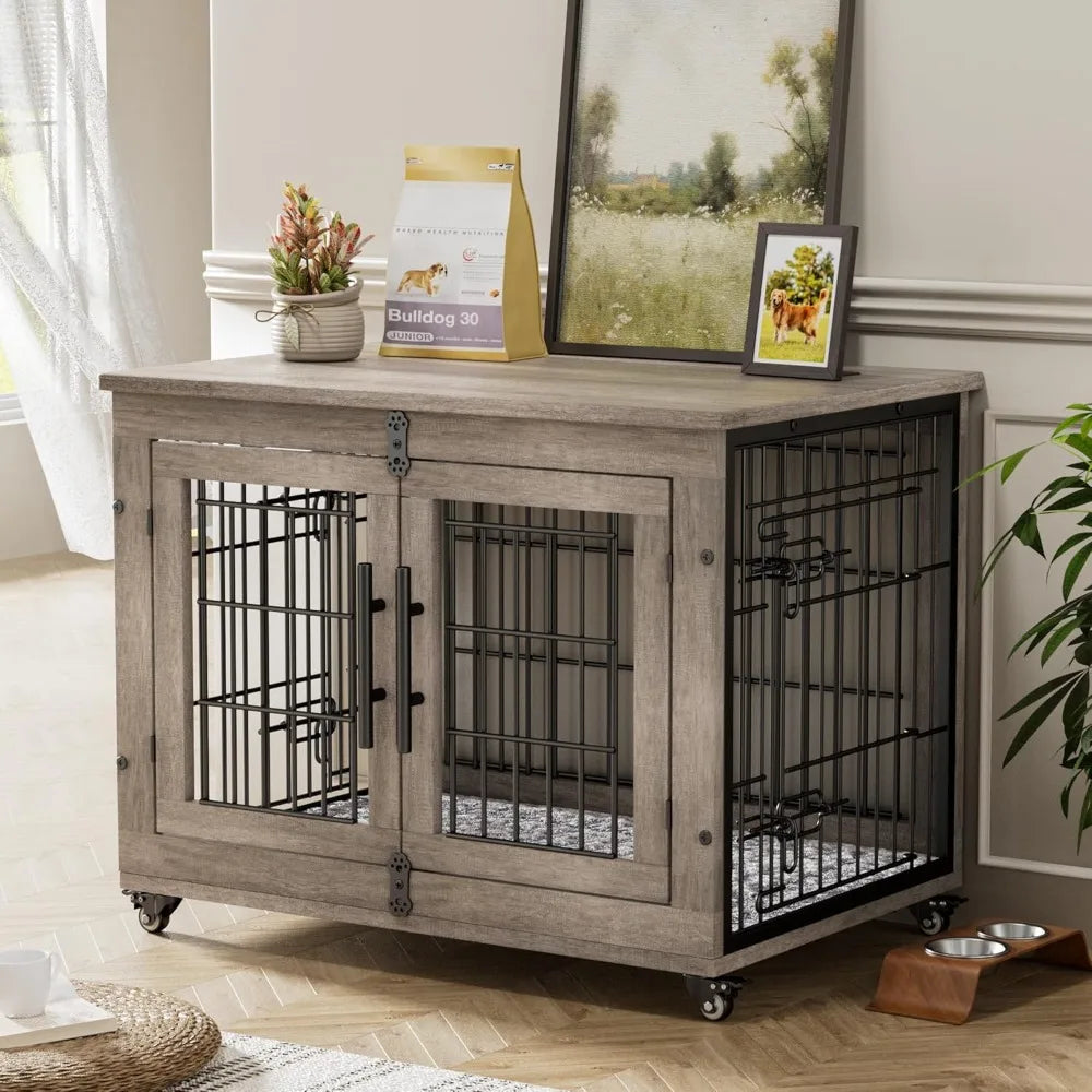 Lulive Dogs Crate Furniture for Medium Dogs, 32'' Dogs Kennel Indoor with Cushion & Wheels Wooden Doges Cage Double Doors Dog,Cu