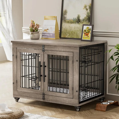 Lulive Dogs Crate Furniture for Medium Dogs, 32'' Dogs Kennel Indoor with Cushion & Wheels Wooden Doges Cage Double Doors Dog,Cu