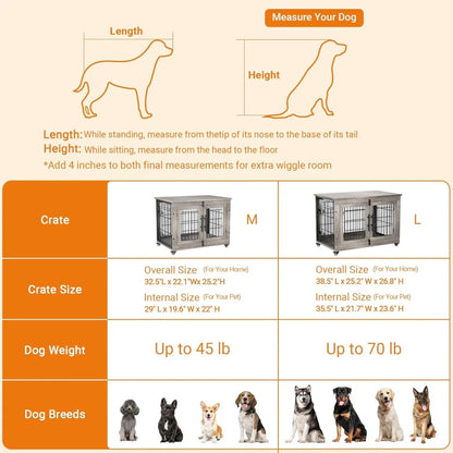 Lulive Dogs Crate Furniture for Medium Dogs, 32'' Dogs Kennel Indoor with Cushion & Wheels Wooden Doges Cage Double Doors Dog,Cu