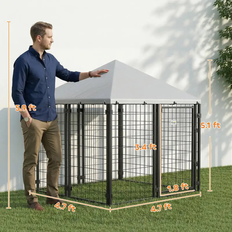 Lockable Dog House Kennel with Water-resistant Roof for Small and Medium Sized Pets, 4.6' x 4.6' x 5'
