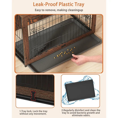 Wooden Dog Crate Furniture with Cushion, Medium Kennel End Table with Tray, Double Doors Indoor Pet House (32" L*22" W*26" H)