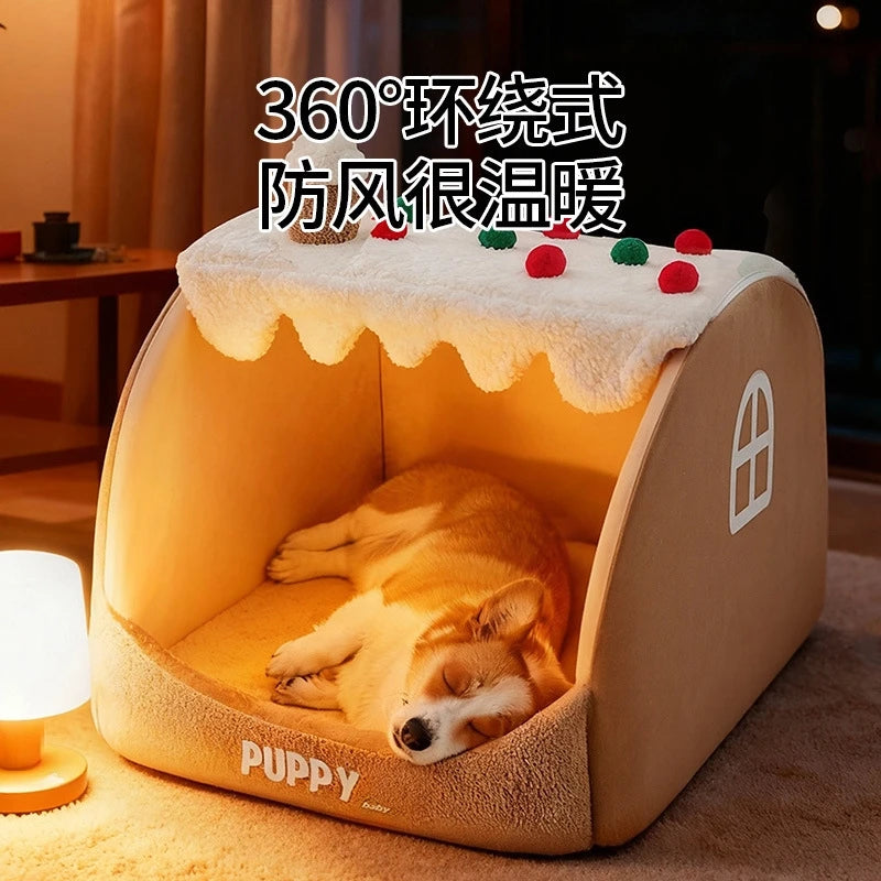Warm Winter Thickened Semi Enclosed Dog Bed Tent Luxury Villa Cave For Large Dogs And Corgis Cozy Home Bedroom Christmas Gift