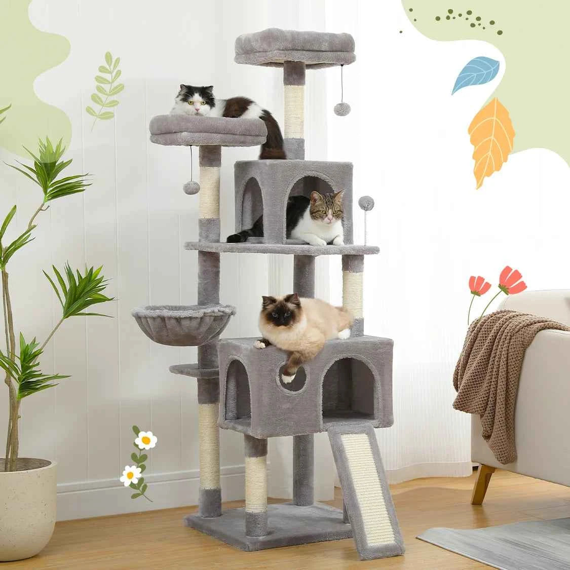 Large Cat Tree for Indoor Cats, Multi-Level Cat Tower with Scratching Posts, Padded Perches, Plush Cat Condo, Cat Accessories
