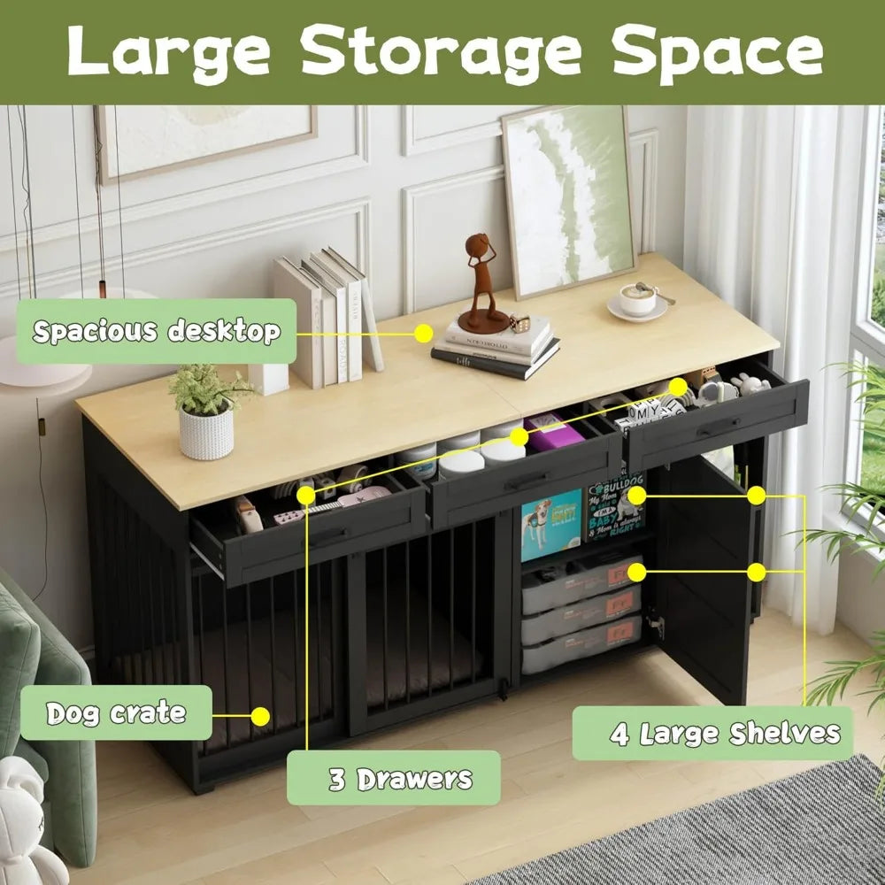 Wooden 72.4 Heavy-Duty Dog Crate Furniture with Storage Drawers and Shelves, Indoor Dog House TV Stand