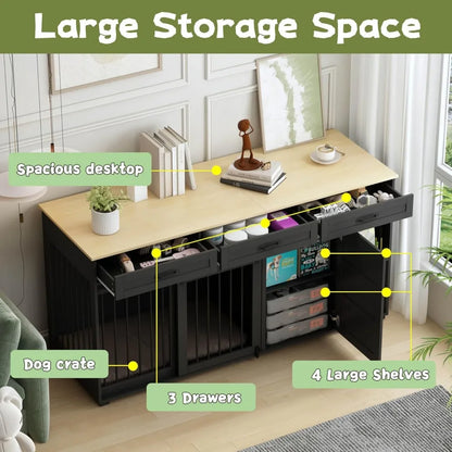 Wooden 72.4 Heavy-Duty Dog Crate Furniture with Storage Drawers and Shelves, Indoor Dog House TV Stand