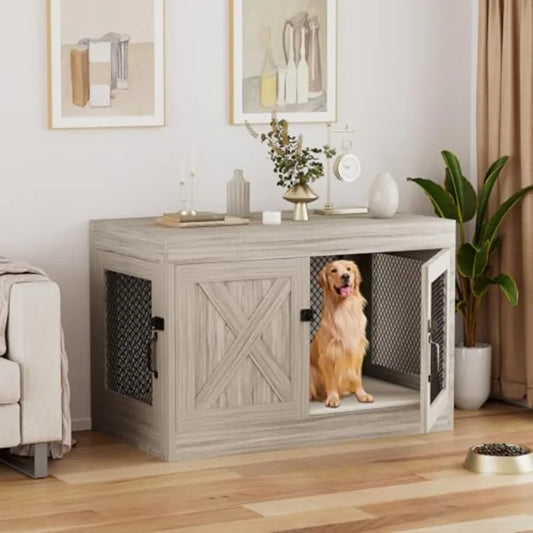 Corner Dog Crate Furniture with Double Doors 36 Inch Wooden Dog Kennel End Table Indoor with Mesh Cage/House for Small Medium L