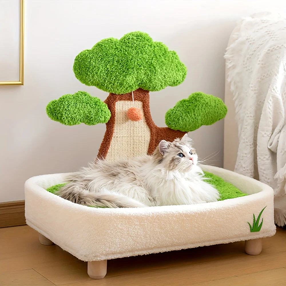 2-in-1 Cat Bed & Scratch Board Combo, Pine Tree Design Pet Furniture with Removable Washable Cushion, All-Season Warm Nest
