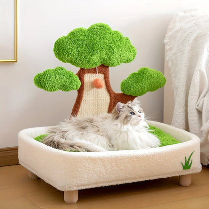 2-in-1 Cat Bed & Scratch Board Combo, Pine Tree Design Pet Furniture with Removable Washable Cushion, All-Season Warm Nest