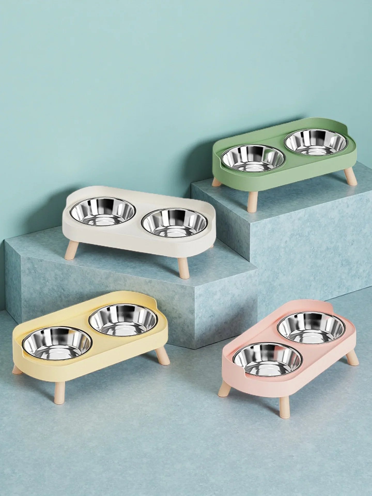 Dopamine Colorful Elevated Pet Feeder: Dual Stainless Steel Bowls with Neck Support - Fashion Food & Water Station for Pets