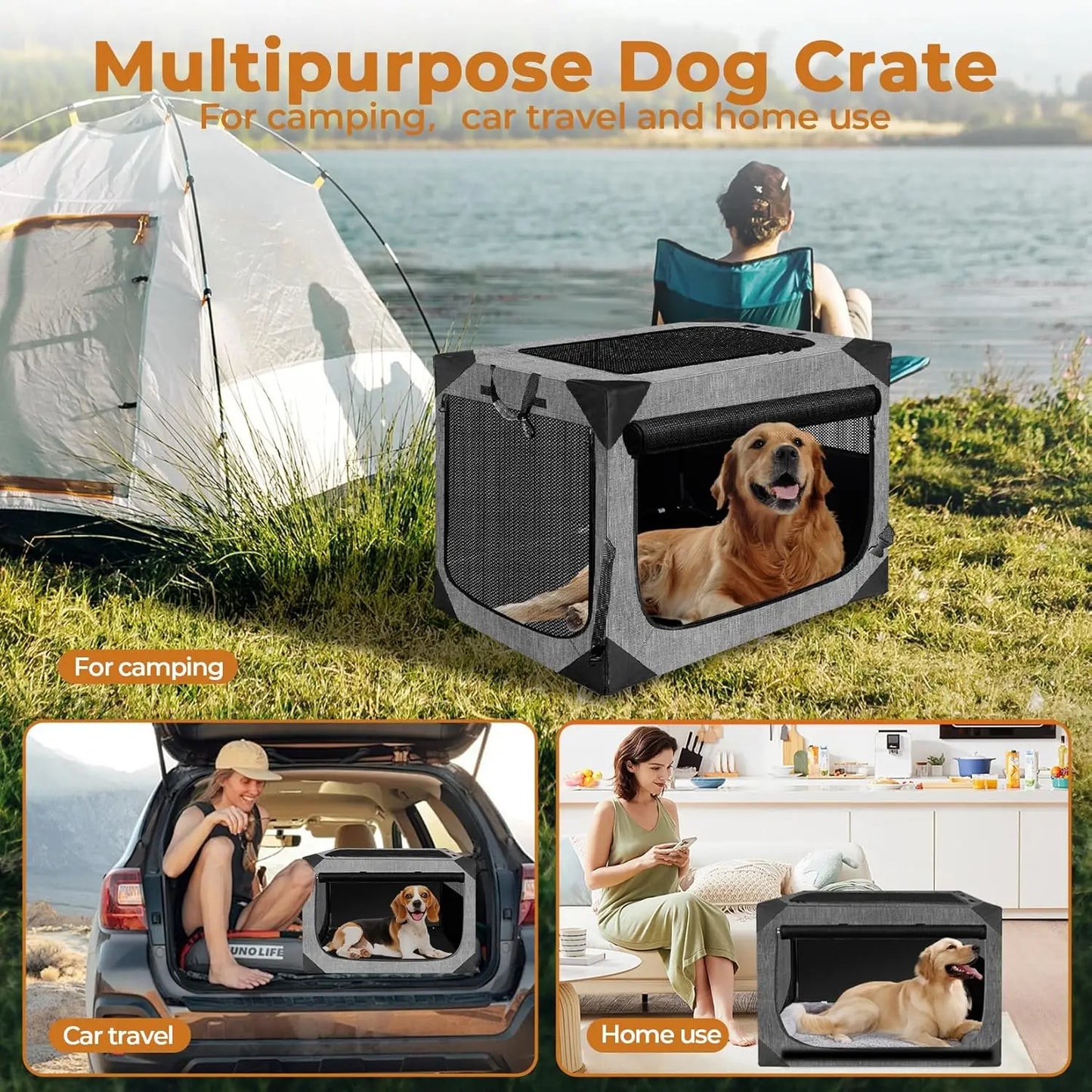 Collapsible Dog Crate for Large Dogs, Portable Pet Kennel with Chew-Proof Mesh Window (36' L x 25' W x 25', Dark Gray)