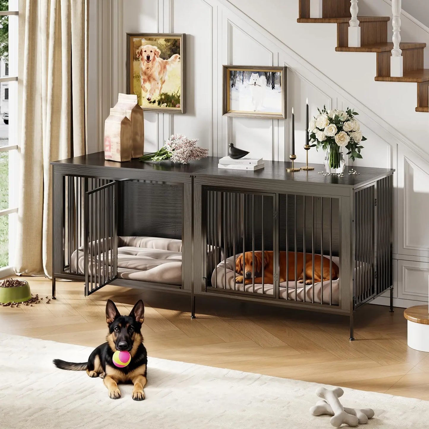 78.74" XL Double Dog Crate Furniture Heavy Duty Kennel With Removable Divider For 2 Dogs Indoor Dog Crate As TV Stand