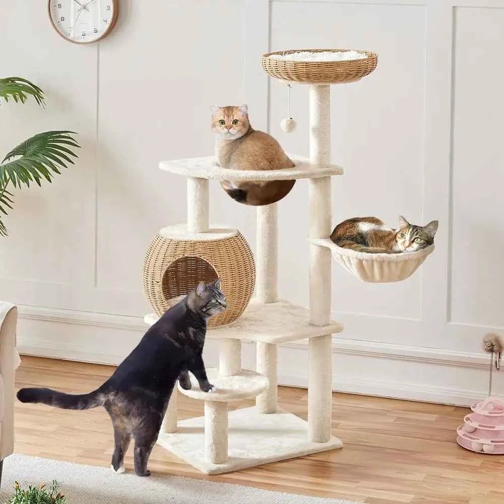 54in Rattan Cat Tree, Modern Tower with Breathable Woven Condo, Scratching Posts amp Washable Cushions, Naturally Cool in Summe