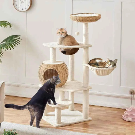54in Rattan Cat Tree, Modern Tower with Breathable Woven Condo, Scratching Posts amp Washable Cushions, Naturally Cool in Summe