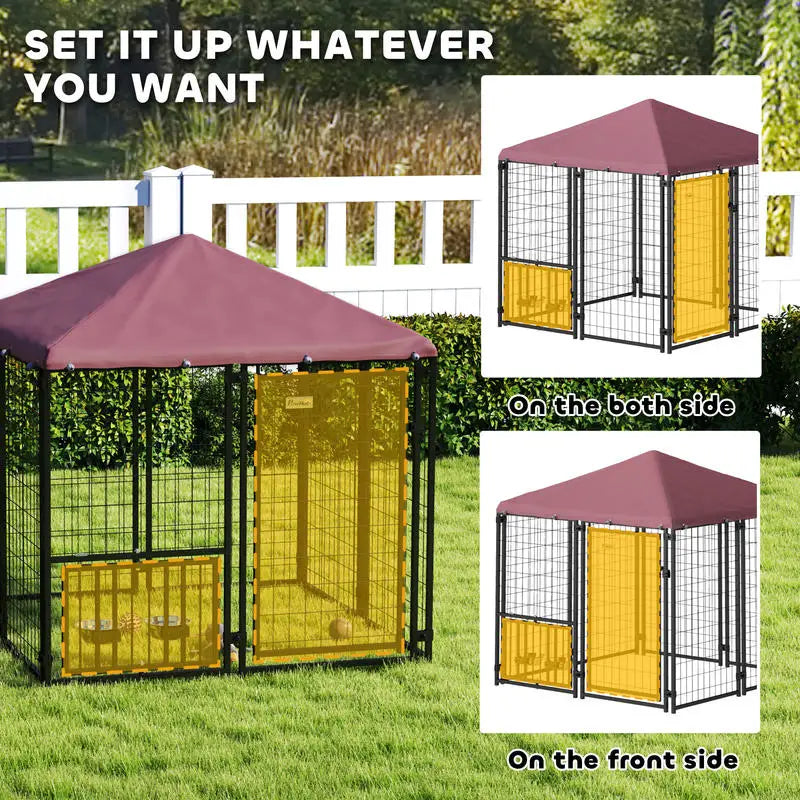 Welded Wire Outdoor Dog Kennel with 360° Rotating & 4 Levels Adjustable Bowls, Waterproof Cover, 4.6' x 4.6' x 5'
