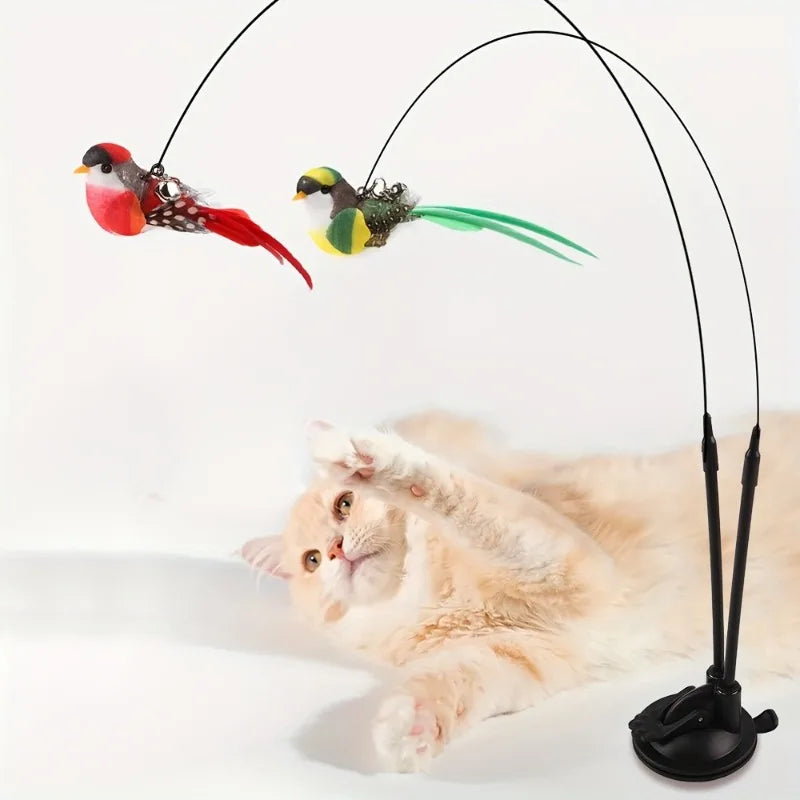 Interactive Cat Wand - Anti-Slip Suction Base & Double-Lock Grip Design No Battery Pet Toy for Indoor/Outdoor Hunting Training