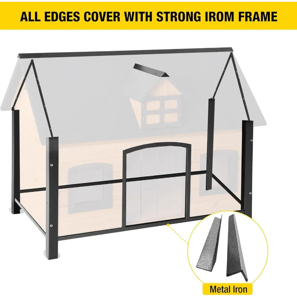Dog House with Insulated Liner Anti-Chewing Metal Frame Design Insulated Wooden Dog Kennel with Unique Design Roof, Weatherproof