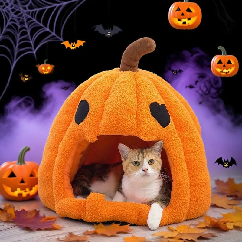 Christmas Pumpkin Pet Bed - Warm Cat & Dog House with Removable Cushion/for winter/warm/decoration/ dress up/snowflake、costumes