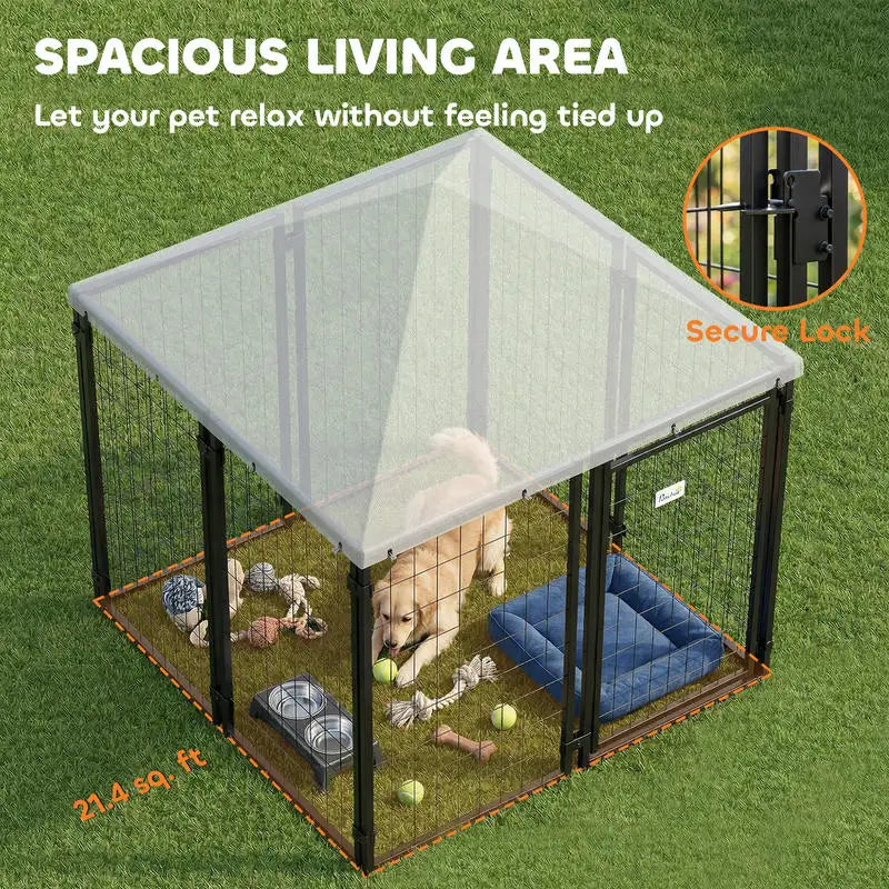 Lockable Dog House Kennel with Water-resistant Roof for Small and Medium Sized Pets, 4.6' x 4.6' x 5'