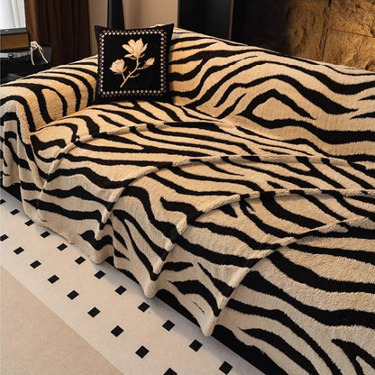 1PC Zebra Stripes Jacquard Fleece Warm Sofa Towel Thicken Blanket for Living Room Couch Decor
