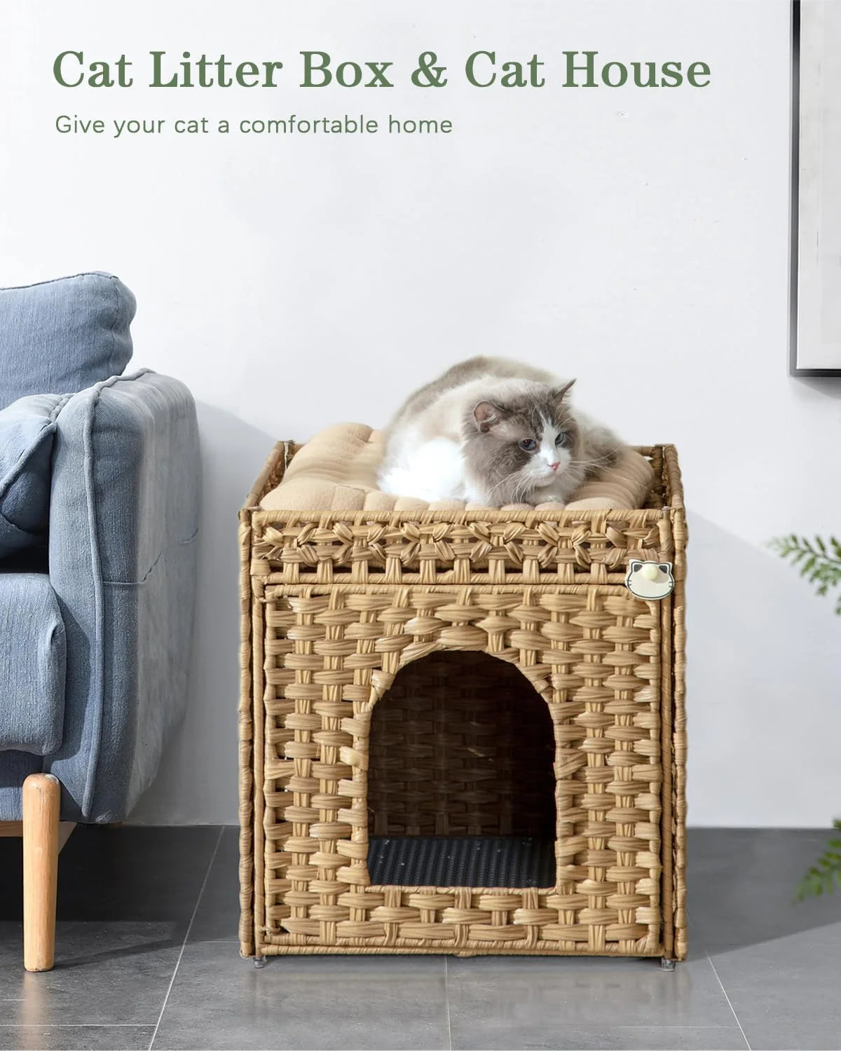 Cat Litter Box Enclosure Furniture, Hidden Litter Box with Mat and Fence, Handwoven Rattan Cat House with Two S-Shaped Hooks for