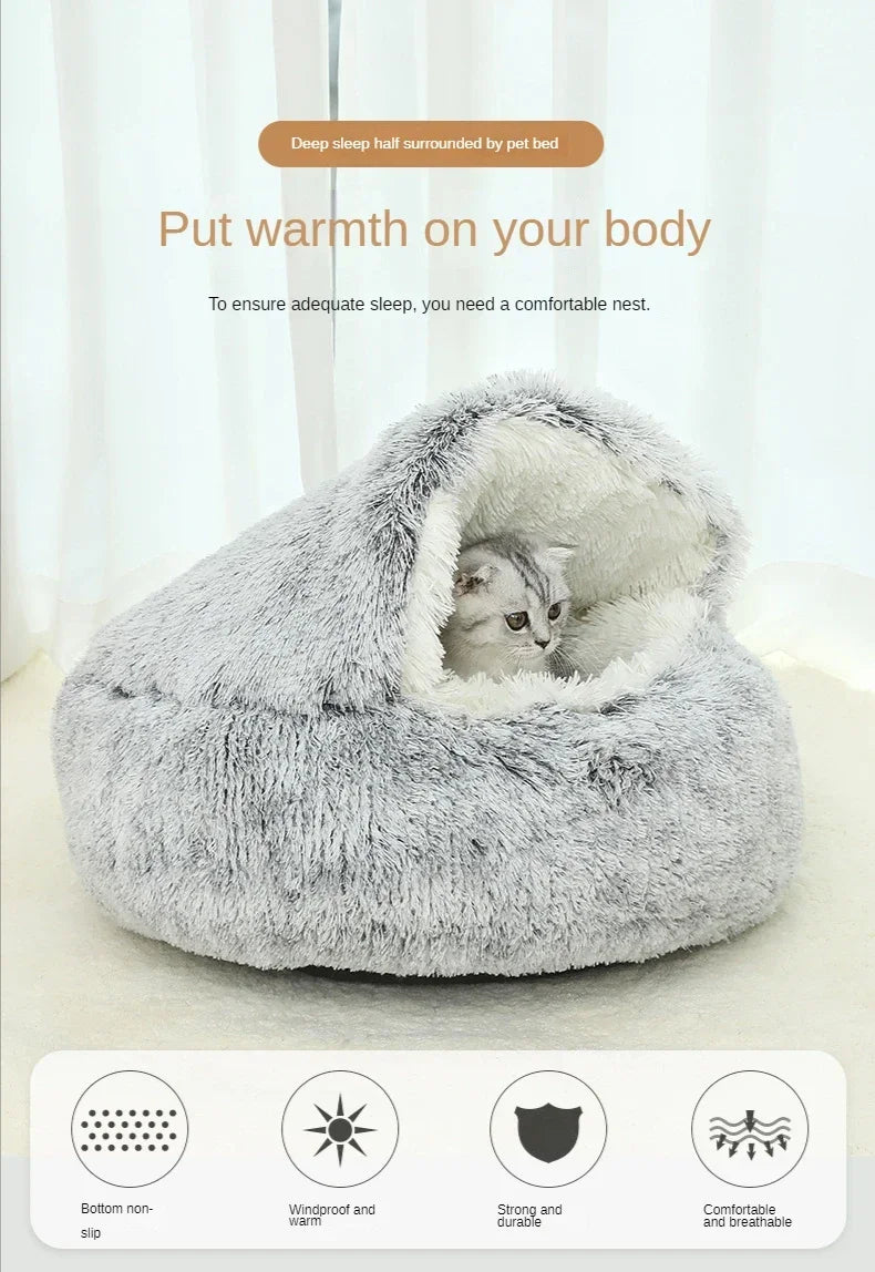 Round Plush Cat Bed Deep Sleep Bed for Cats Winter Warm Dog House Cushion Luxury Long Plush Kitten Puppy Sleeping Sofa Nest