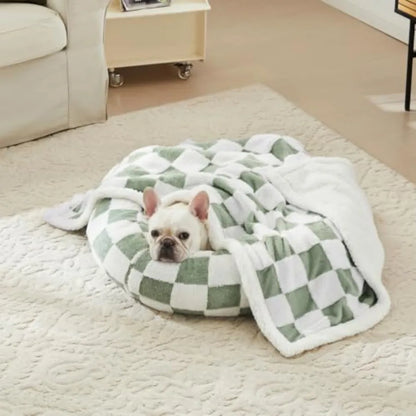 Checkered Dog Blanket, Sage Green Jacquard Sherpa Blankets for Small Dog and Cats, Cute Aesthetic Style Fluffy Fleece Pets Blan