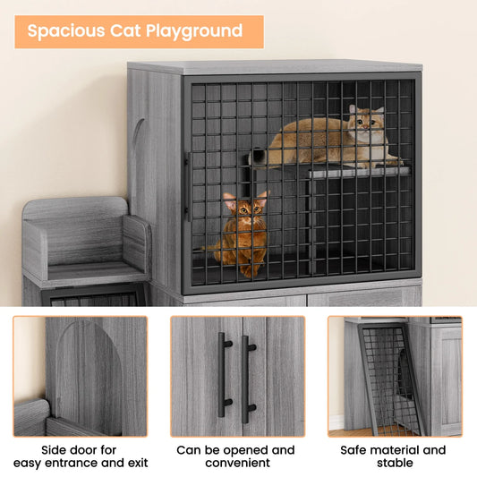 HiMISS Cat Litter Box Enclosure with Platform – Double Layer Hidden Furniture Washroom with Ladder - Pet Suppie