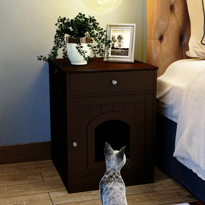 Wooden Brown Cat Litter Box Cabinet Furniture Enclosure With Drawer Side Table Pet House Nightstand For Indoor Cats Pet Toilet