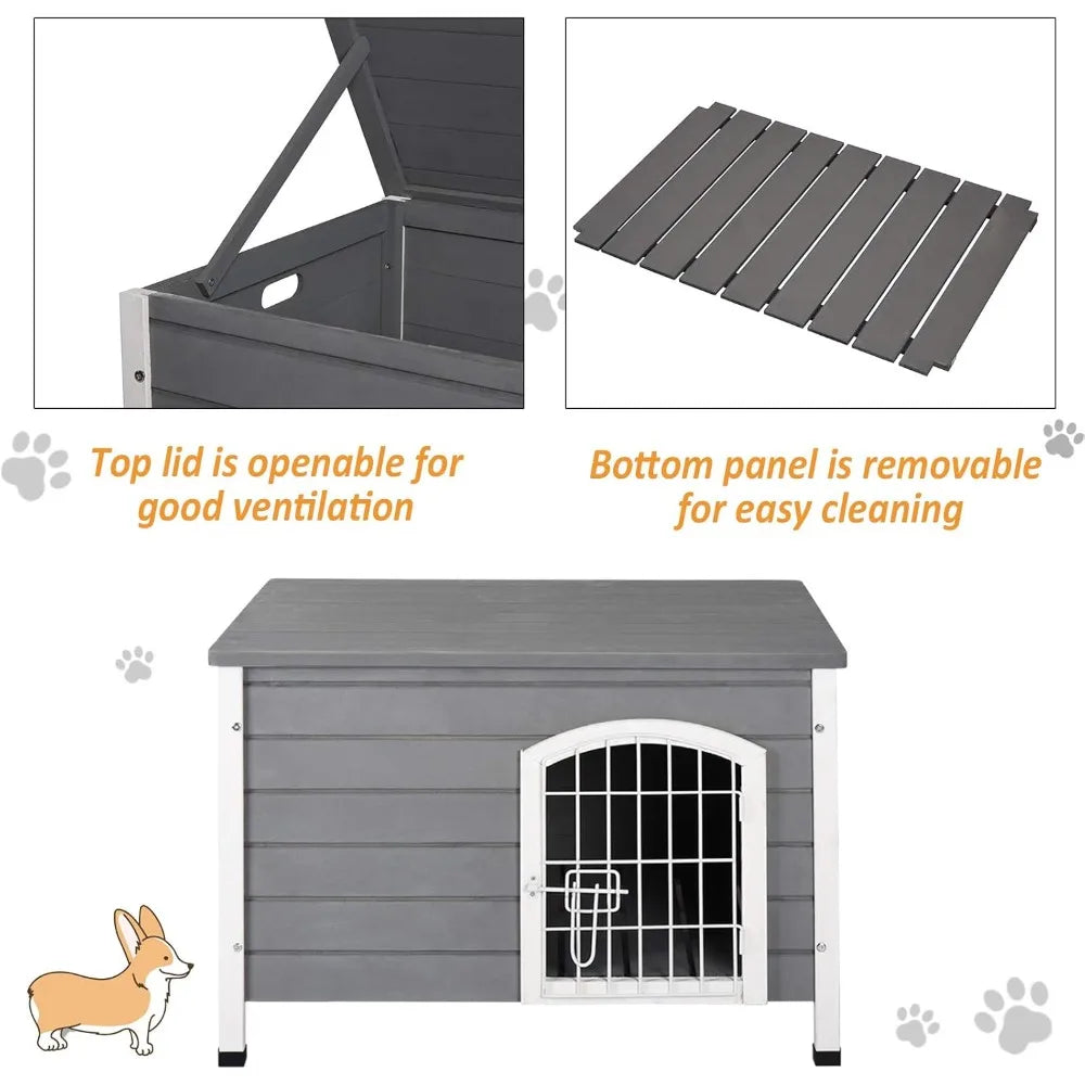 31" L Wooden Decorative Dog Cage Kennel Wire Door with Lock Small Animal House with Openable Top Removable Bottom Grey