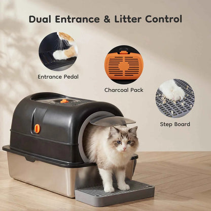 JHK 24IN Stainless Steel Cat Litter Box with Fully Enclosed 30L Large Cat Litter Box for Big Cats Cat Box Scoop and Mat Included