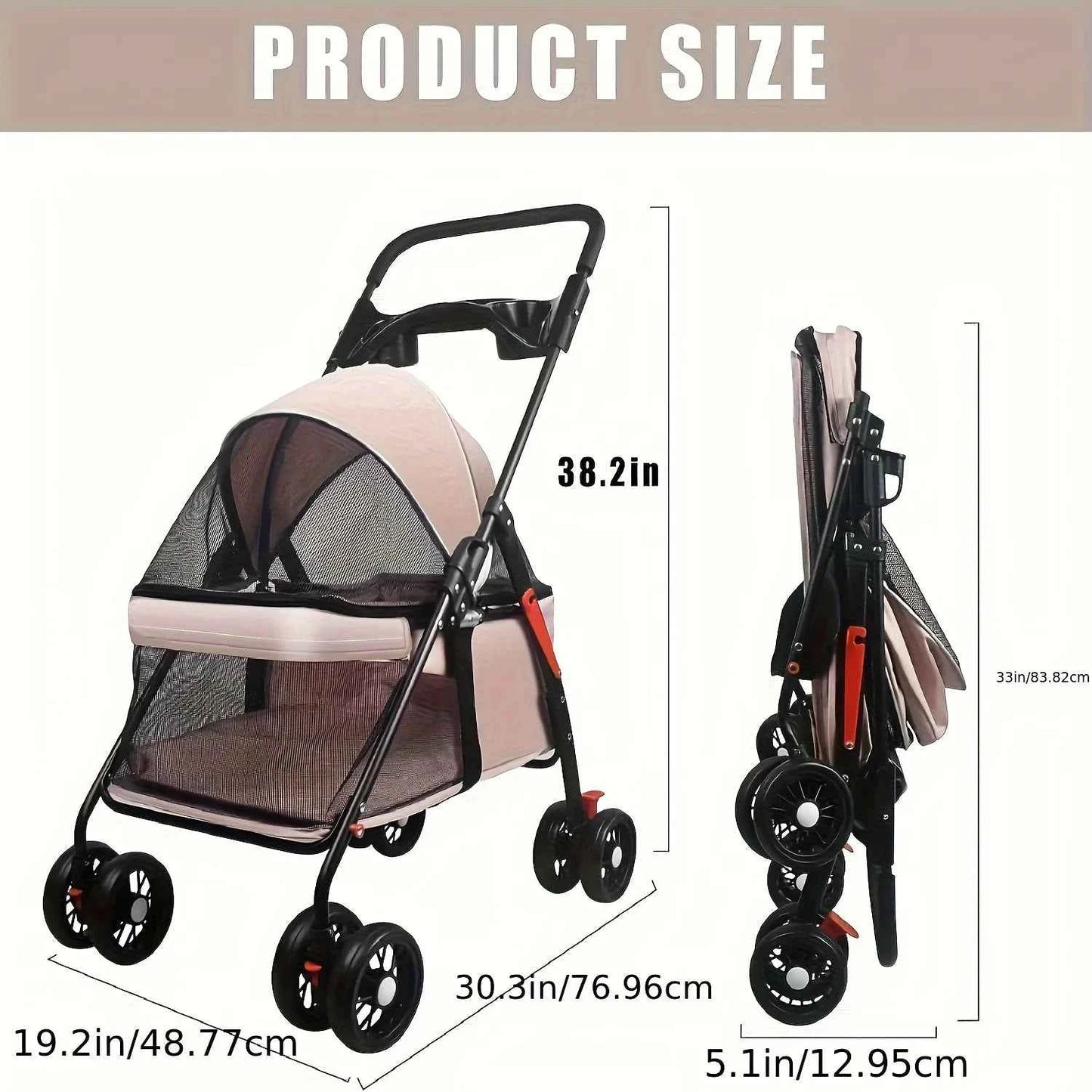 Spacious Pet Stroller for Dogs And Cats, Featuring Foldable Cage, Storage Basket, And Cup Holder Suitable for Small to Medium-Sized Dogs And Cats Four-Wheel Design (Black)
