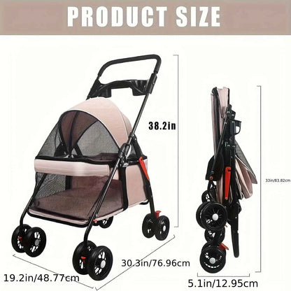 Spacious Pet Stroller for Dogs And Cats, Featuring Foldable Cage, Storage Basket, And Cup Holder Suitable for Small to Medium-Sized Dogs And Cats Four-Wheel Design (Black)