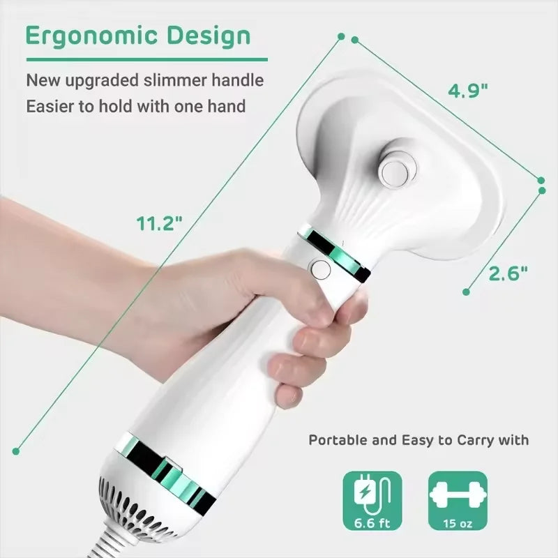 Handheld cleaning device with ergonomic design features and measurements on a white background
