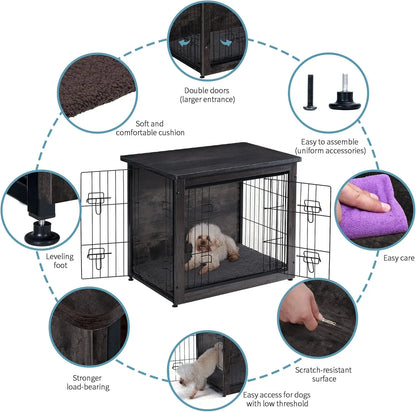 Dog Crate Furniture with Cushion, Wooden Kennel Table, Double Doors, Indoor Dog House, Small to XL, 27.2' L, Dark Gray