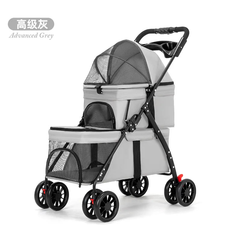 Double Decker Pet Stroller for 2 Dogs Cats, Lightweight Foldable Travel Carrier, Detachable Upper/Lower Pet Trolley for Outdoor